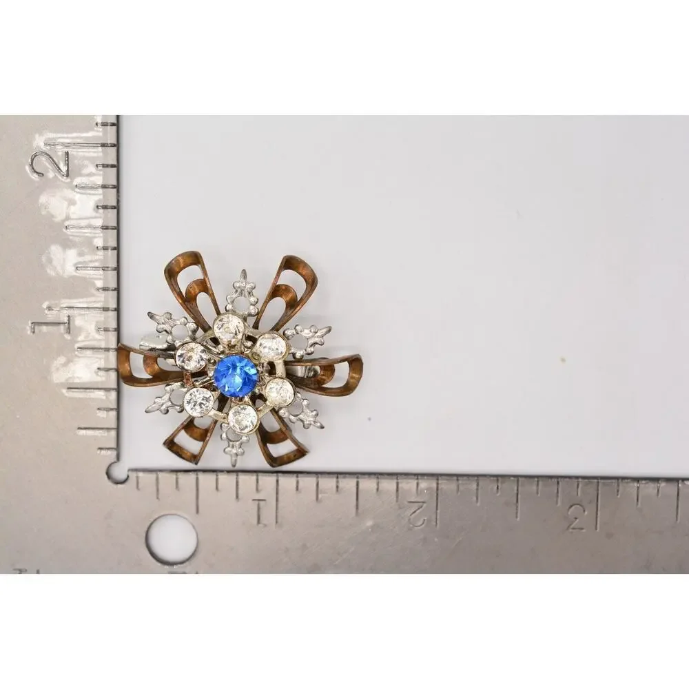 Vintage Flower Pin Brooch Brass Tone Metal Blue Rhinestone 3D Elegant 70s BinAL